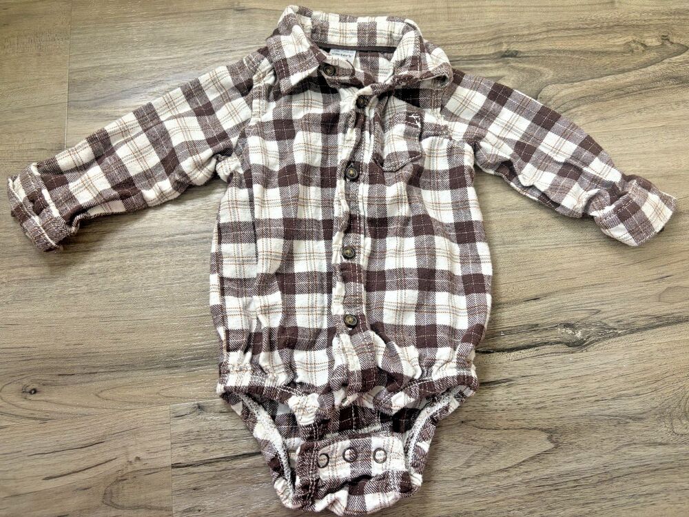 Carter’s Baby Boy Bodysuit Plaid Flannel Brown White Long Sleeve 9 Months